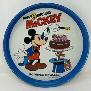 VTG Mickey 1970's Disney Happy Birthday Mickey Round Tray 50 Years Of Magic L9